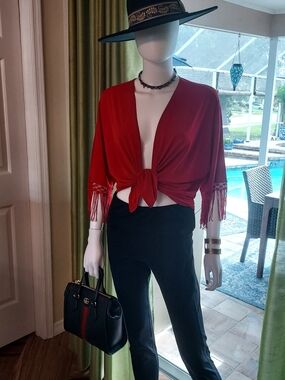 Chico's Crimson Red Tie-Front Fringe Sleeve Crop Bolero Shrug. Sz. M